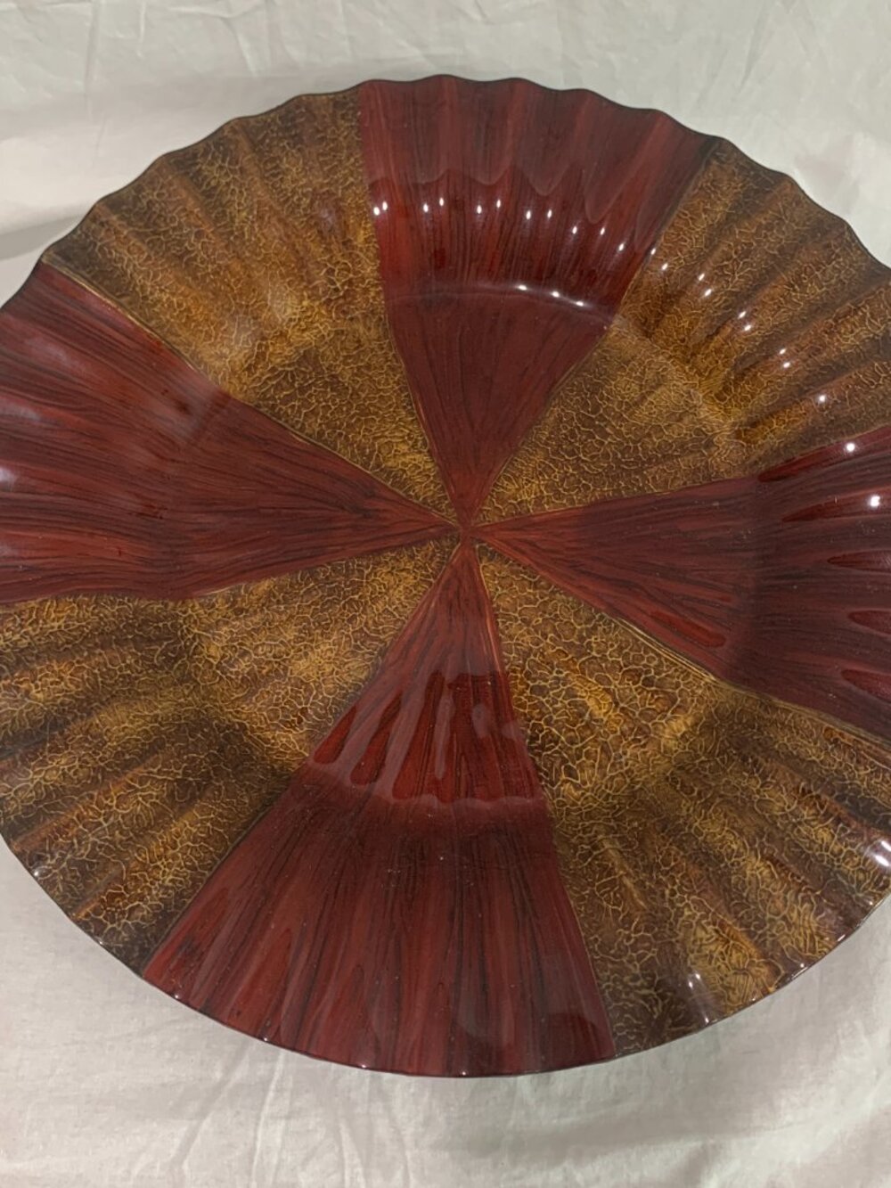 Art Glass Wavy Ribbon Bowl Abstract Hand Blown Fluted Centerpiece Decor 19 ich